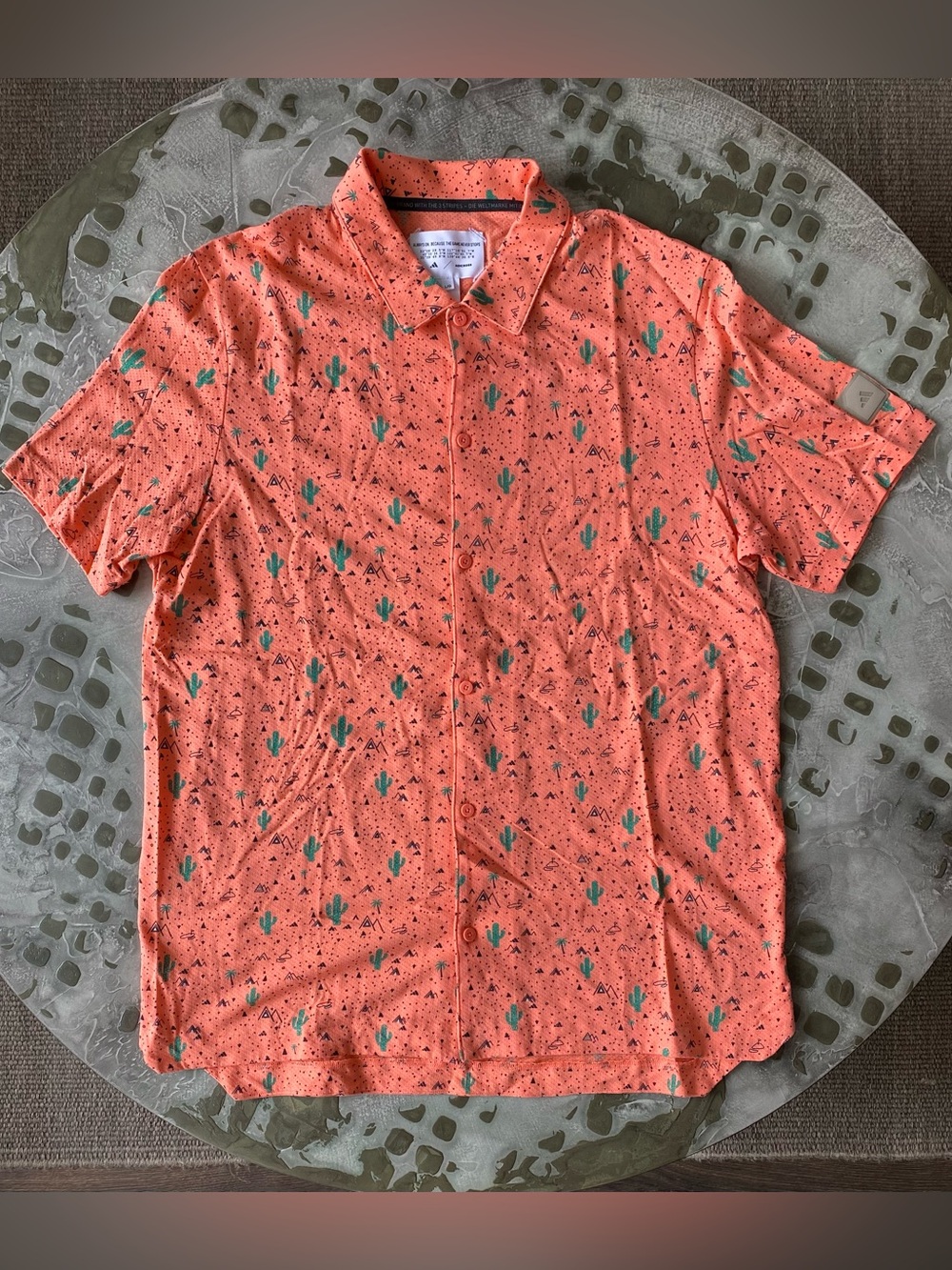 Adidas Coral Short-Sleeve Button-Down Shirt with Green Cactus Print